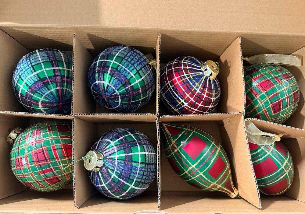 Vintage Jeffrey Banks Home Ornaments Set of 8 Large Plaid Glass Ornaments w/ Box